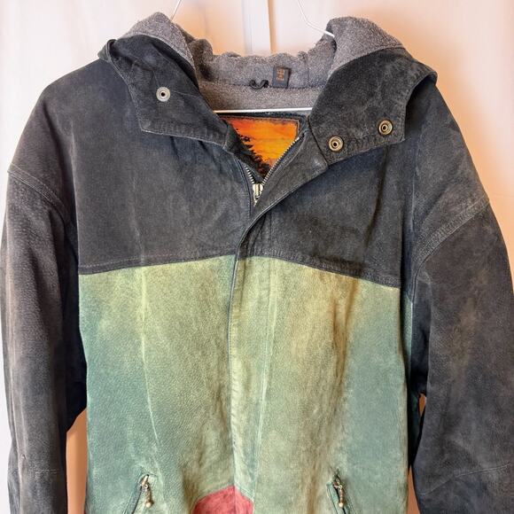 Outbrook VTG Y2K Suede Leather Colorblock Hooded Jacket Women’s L Green Rust - Picture 2 of 8